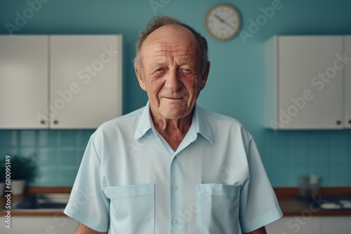 Portrait of a satisfied man in his 80s sporting a vented fishing shirt against a modern minimalist interior. AI Generation photo