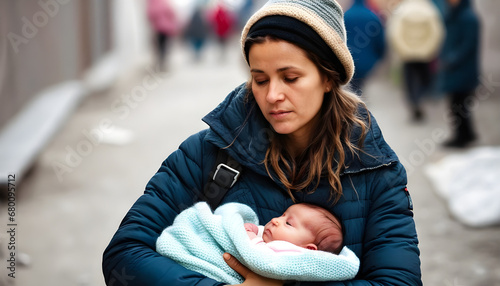 A young lady who is homeless is holding a baby. infant on the pavement.