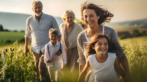 Happy multi-generation family walking in the countryside, generative ai