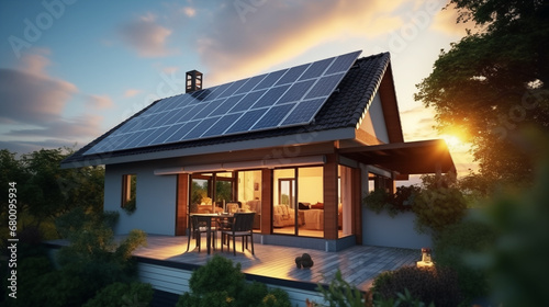 Green House energy, solar energy panels. Environmental, Ecology, Social, and Corporate House Governance concept