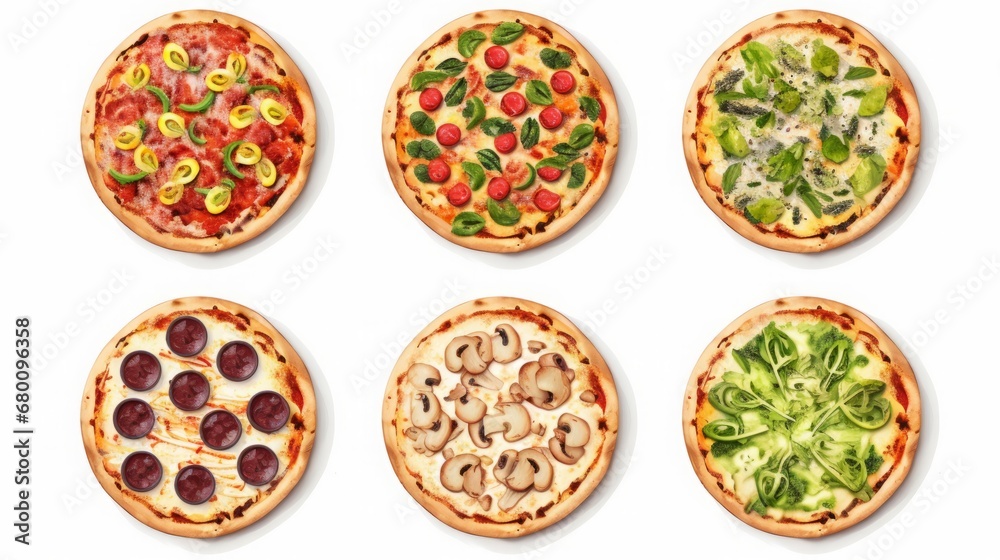 different pizzas set on a bright background.