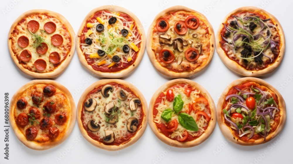 different pizzas set on a bright background.