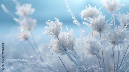 "Winter enchantment: A gentle landscape adorned with dry flowers, delicate snow crystals, and frost-kissed grass, capturing the serene beauty of the winter season for Christmas and New Year