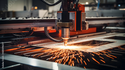 Industrial laser cutting processing manufacture technology of flat sheet metal steel material with sparks, generative ai photo