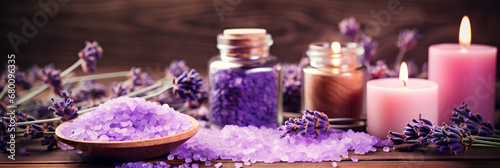 Lavender spa aromatherapy. Banner with flower salt  candles and freshly picked lavender flowers. Beauty salon composition  Header template  invitation card  generative ai