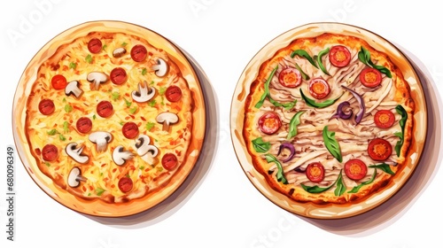 different pizzas set on a bright background.