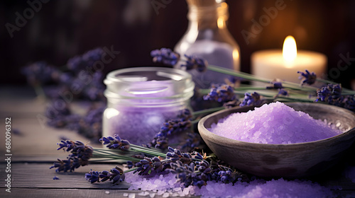 Lavender spa aromatherapy. Banner with flower salt, candles and freshly picked lavender flowers. Beauty salon composition, Header template, invitation card, generative ai