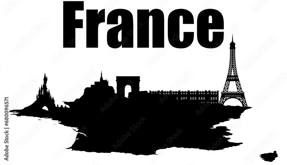 Silhouettes of French landmarks placed on a map of France. can be customized Vector illustration.