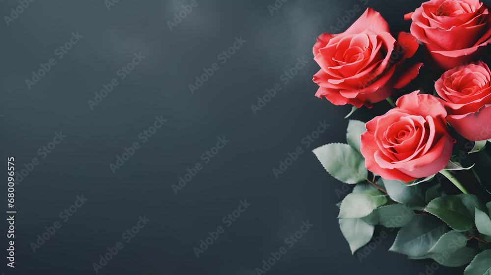 Lovely pastel red rose bunch, floral border against dark background, top view. Layout for springtime holidays. Mother's day greeting card. Generative ai. Lovely pastel red rose bunch, floral border against dark background, top view. Layout for springtime holidays. Mother's day greeting card. Generative ai.