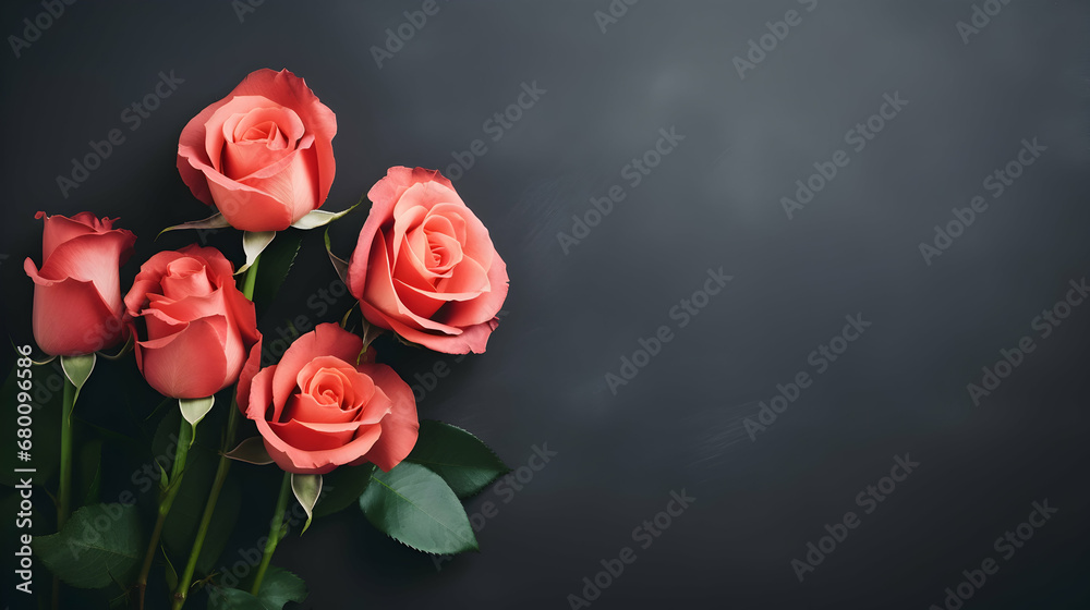 Lovely pastel red rose bunch, floral border against dark background, top view. Layout for springtime holidays. Mother's day greeting card. Generative ai. Lovely pastel red rose bunch, floral border against dark background, top view. Layout for springtime holidays. Mother's day greeting card. Generative ai.