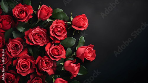 Lovely pastel red rose bunch  floral border against dark background  top view. Layout for springtime holidays. Mother s day greeting card. Generative ai.