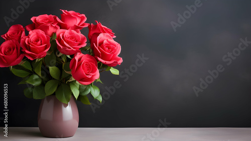 Lovely pastel red rose bunch, floral border against dark background, top view. Layout for springtime holidays. Mother's day greeting card. Generative ai.