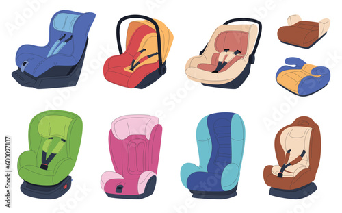 Child car seat. Safety of children traveling by car. Different types of car seats for different age groups. A safe seat for a child in a car. Vector illustration