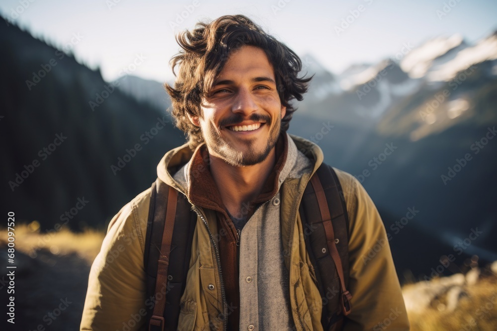 Naklejka premium Portrait of a joyful man in his 20s wearing a rugged jean vest against a snowy mountain range. AI Generation