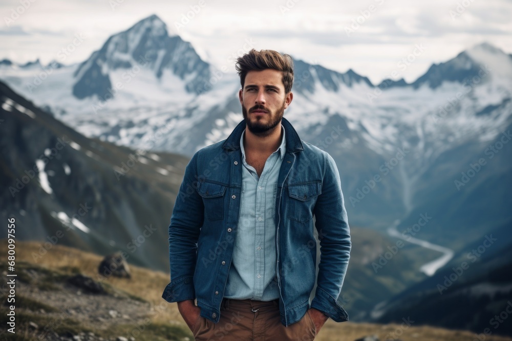 Portrait of a content man in his 20s sporting a versatile denim shirt against a snowy mountain range. AI Generation