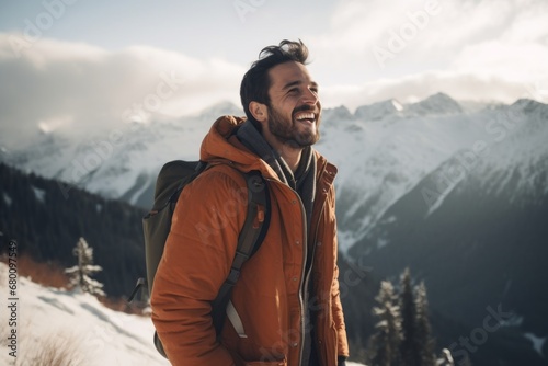 Portrait of a joyful man in his 20s wearing a rugged jean vest against a snowy mountain range. AI Generation