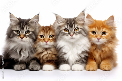 a group of seated cats, showcasing a variety of breeds against a pristine white backdrop. This heartwarming scene celebrates the unique charm each cat brings to the feline family. Generative AI.