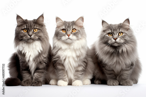 a group of seated cats, showcasing a variety of breeds against a pristine white backdrop. This heartwarming scene celebrates the unique charm each cat brings to the feline family. Generative AI. © Surachetsh