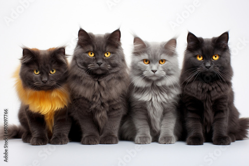 a group of seated cats  showcasing a variety of breeds against a pristine white backdrop. This heartwarming scene celebrates the unique charm each cat brings to the feline family. Generative AI.