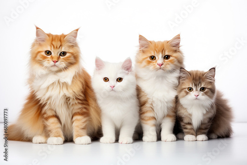 a group of seated cats, showcasing a variety of breeds against a pristine white backdrop. This heartwarming scene celebrates the unique charm each cat brings to the feline family. Generative AI. © Surachetsh