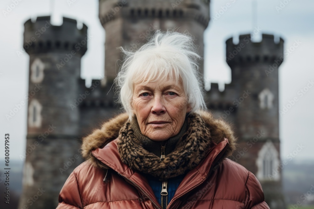 Portrait of a content woman in her 70s wearing a warm parka against a historic castle backdrop. AI Generation Portrait of a content woman in her 70s wearing a warm parka against a historic castle backdrop. AI Generation