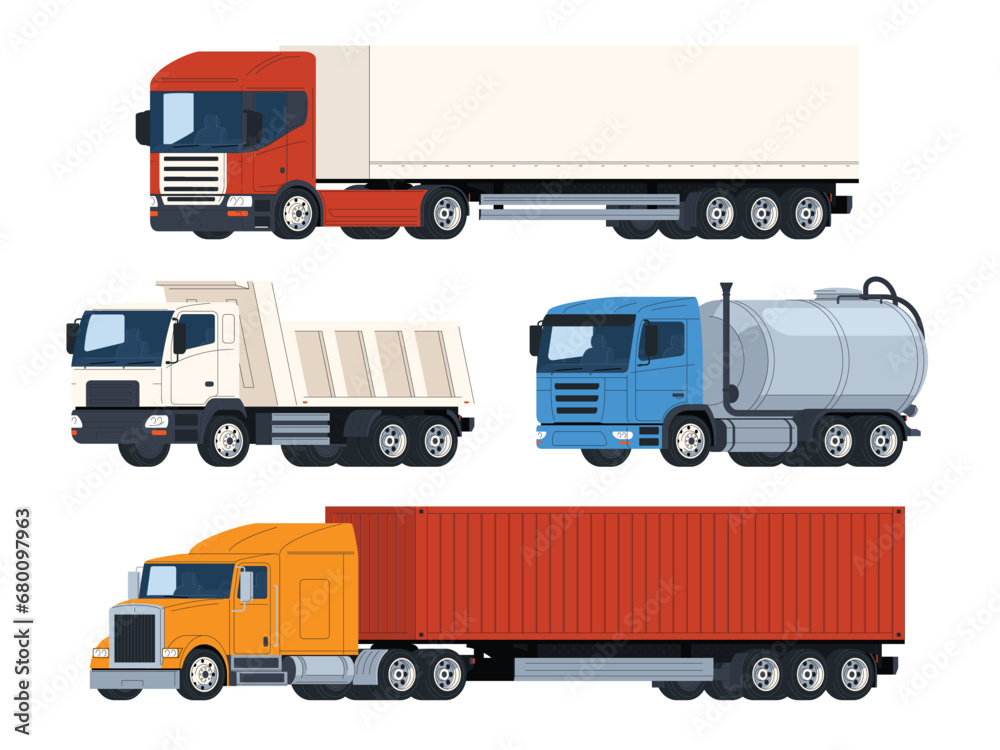 A set of trucks with trailers, tanks, a dump truck, and a container. Freight transportation. Transportation of products over long distances. Vector illustration