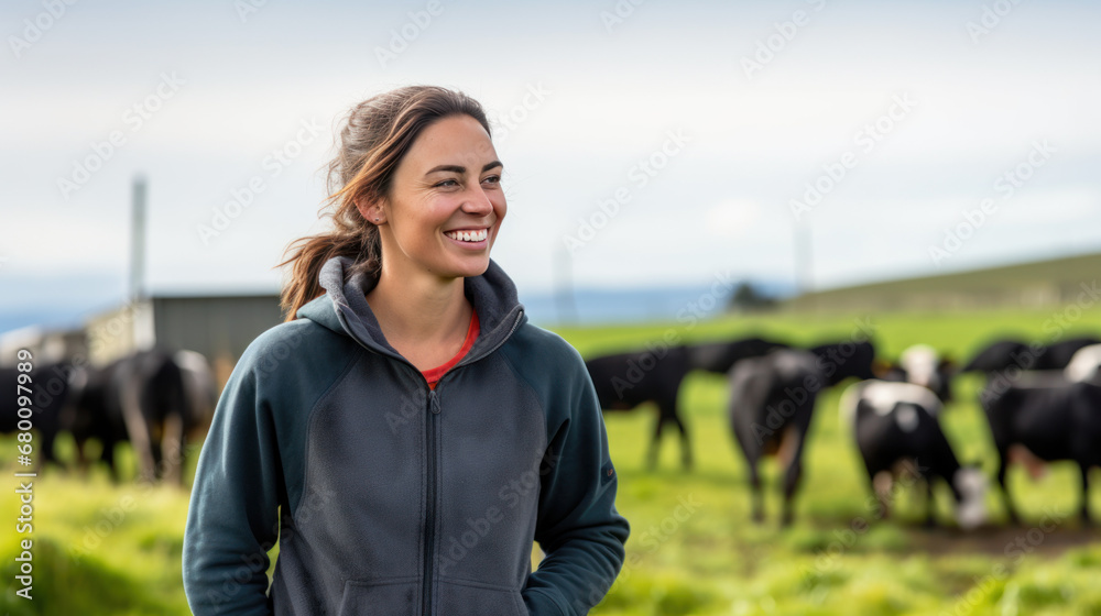 jeune femme agricultrice à la tête d'une exploitation d'élevage de vache laitière - obrazy, fototapety, plakaty 