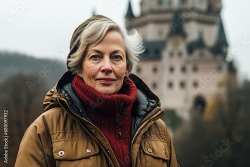 Portrait of a content woman in her 70s wearing a warm parka against a historic castle backdrop. AI Generation