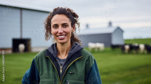 jeune femme agricultrice à la tête d'une exploitation d'élevage de vache laitière photo