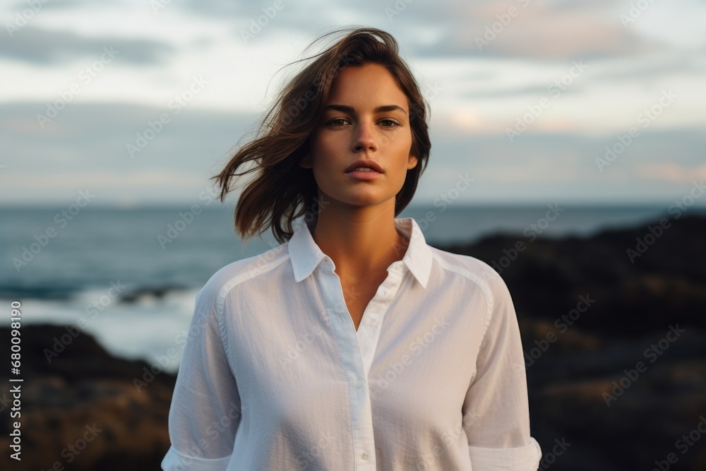 Portrait of a content woman in her 20s wearing a simple cotton shirt against a stunning ocean reef. AI Generation Portrait of a content woman in her 20s wearing a simple cotton shirt against a stunning ocean reef. AI Generation
