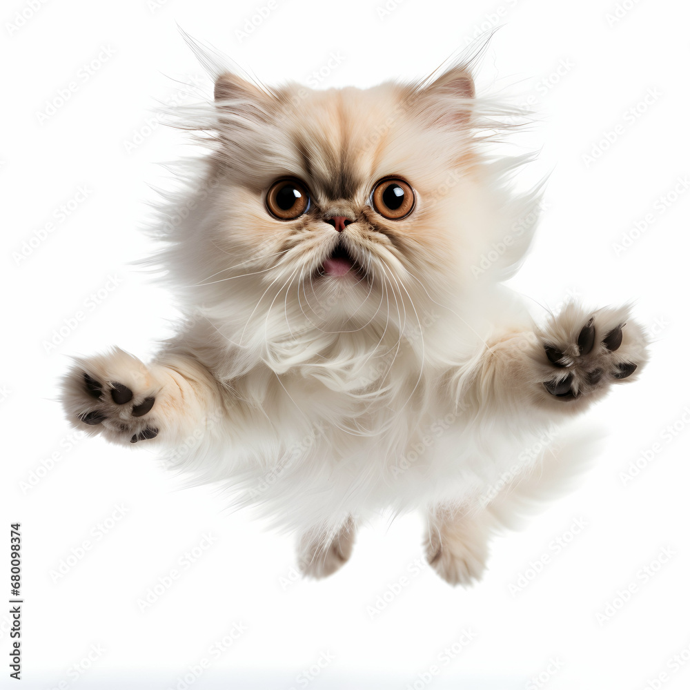Persian cat jumping on white isolated background, generative ai