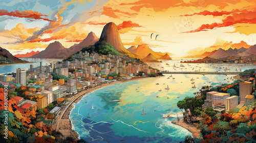 Drawing of Rio with landmark and popular for tourist attractions