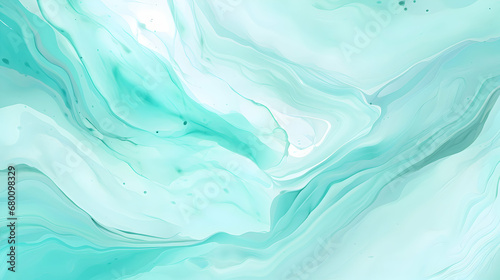 Pastel cyan mint liquid marble watercolor background, white lines and brush stains. Teal turquoise marble alcohol ink drawing effect, backdrop, watercolour wedding invitation template. Generative AI.