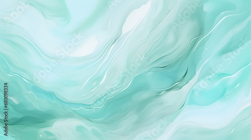 Pastel cyan mint liquid marble watercolor background, white lines and brush stains. Teal turquoise marble alcohol ink drawing effect, backdrop, watercolour wedding invitation template. Generative AI.