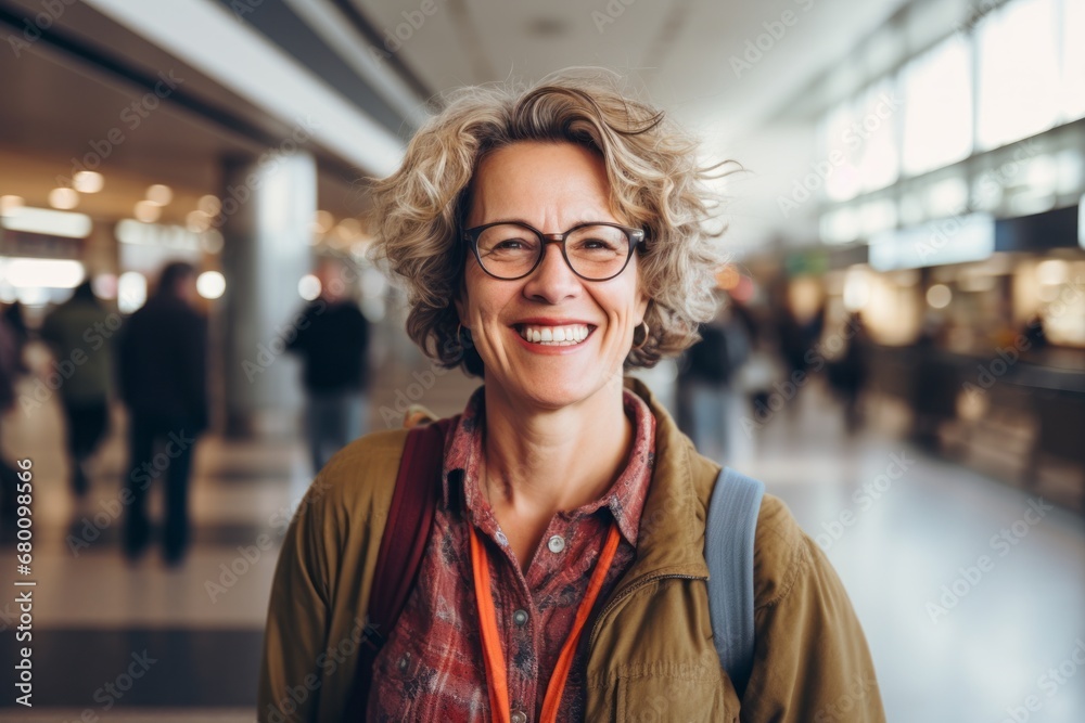 Portrait of a cheerful woman in her 50s dressed in a relaxed flannel shirt against a busy airport terminal. AI Generation Portrait of a cheerful woman in her 50s dressed in a relaxed flannel shirt against a busy airport terminal. AI Generation