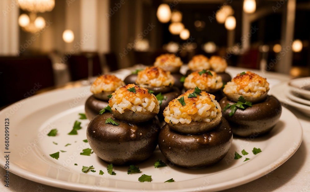 Close-up of stuffed portobello mushrooms on a plate in a luxury restaurant with copy space.