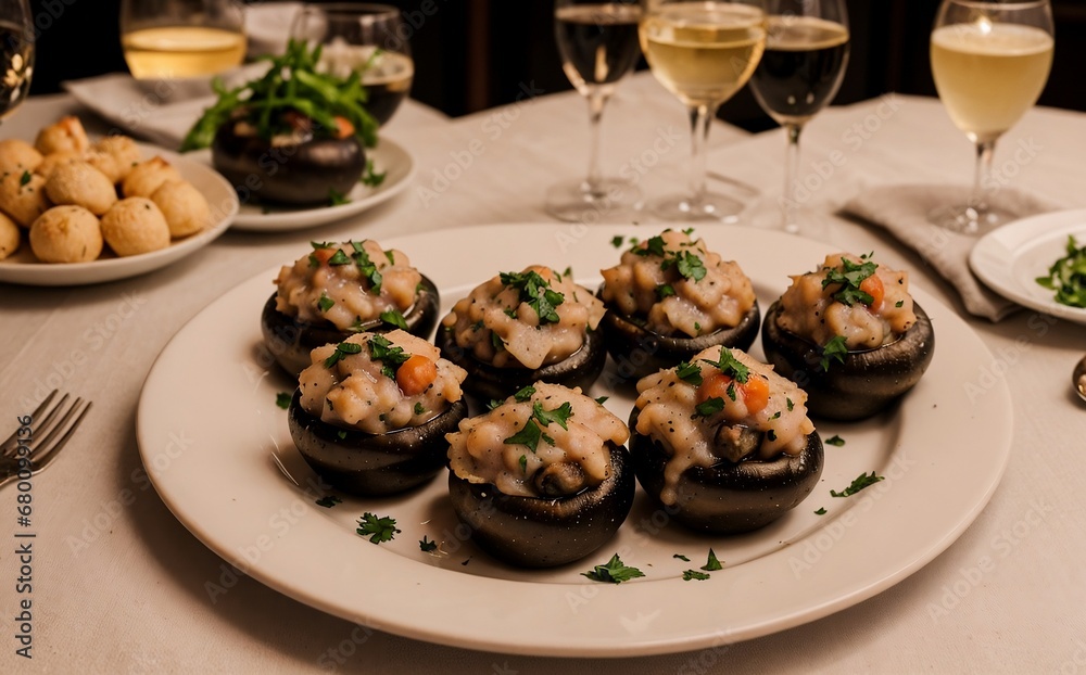 Close-up of stuffed portobello mushrooms on a plate in a luxury restaurant with copy space. Close-up of stuffed portobello mushrooms on a plate in a luxury restaurant with copy space.