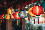 Chinese New Year street scene, Chinese New Year celebration. Chinese paper lanterns, Chinatown defocused background, Mid-Autumn Festival with lanterns