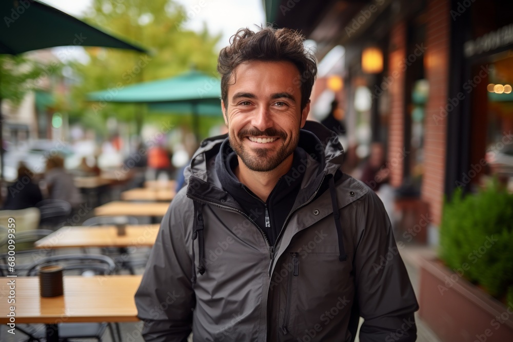 Portrait of a smiling man in his 30s wearing a functional windbreaker against a bustling city cafe. AI Generation