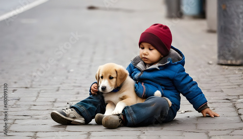 sad homeless baby with his baby dog on the street