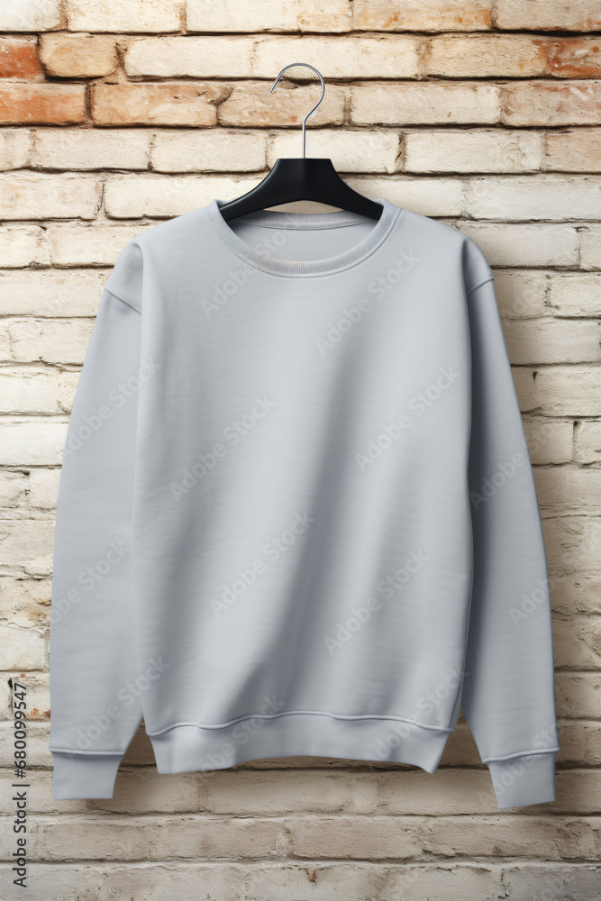Gray Oversized Blank Crewneck Mockup On White Brickwall Background	