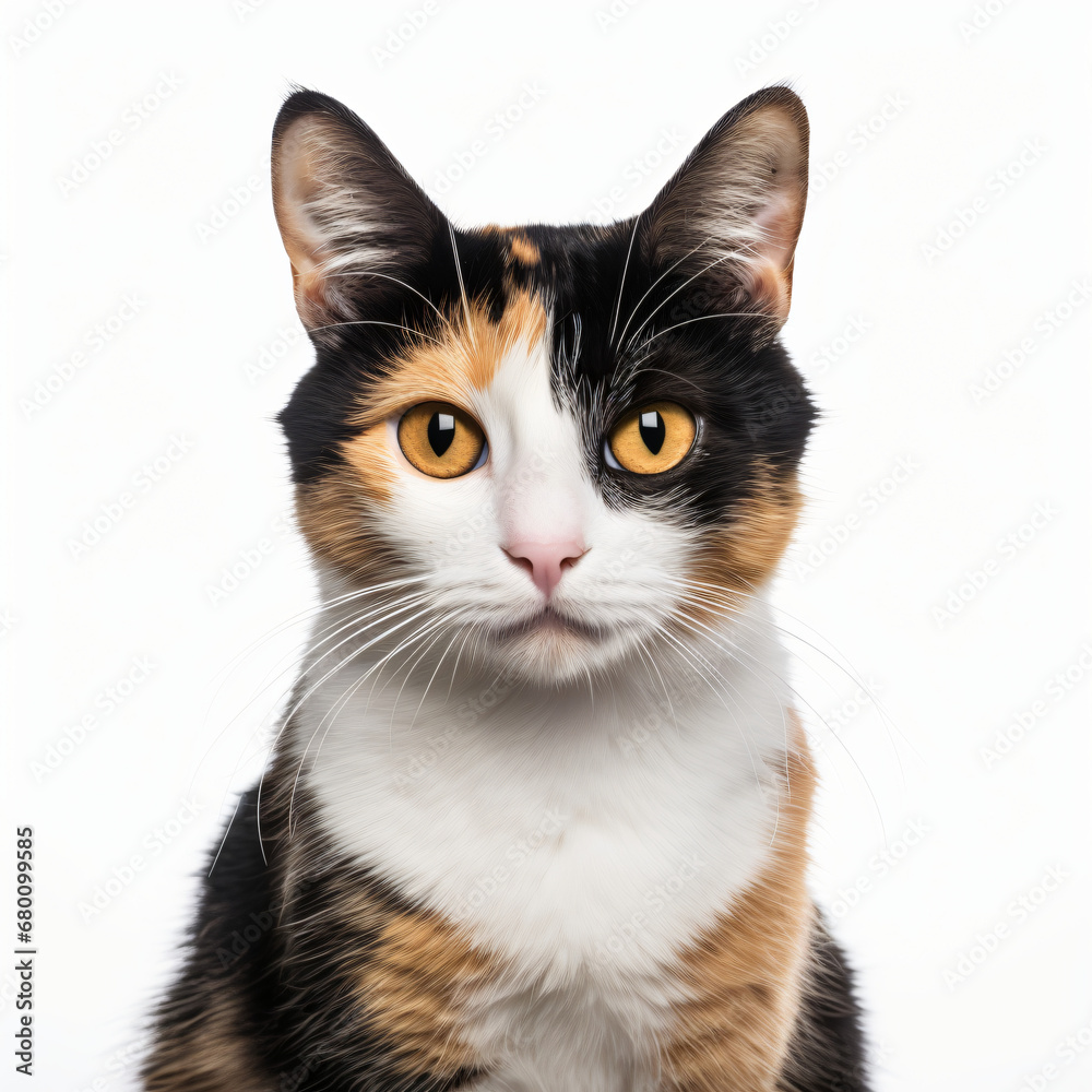 Front view close up of calico American Shorthair cat