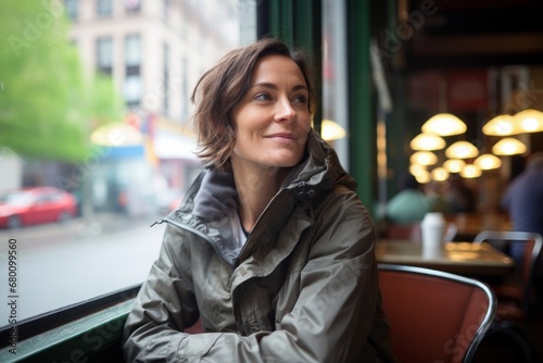 Portrait of a blissful woman in her 40s wearing a lightweight packable anorak against a bustling city cafe. AI Generation photo