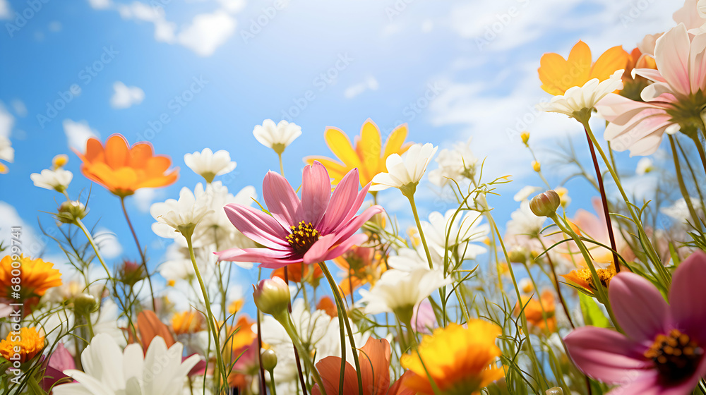 Beautiful vibrant spring flowers, macro view looking up towards sunny blue sky, seasonal background, generative ai