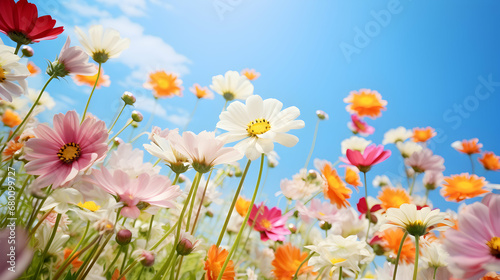 Beautiful vibrant spring flowers, macro view looking up towards sunny blue sky, seasonal background, generative ai