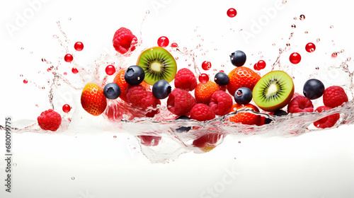 Berries and fruits falling in juice, water splash, on white isolated background