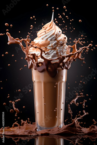 Milk drink with chocolate and sweet dessert cream. Coffee with milk chocolate splash. Shake on dark isolated background. Cafe advertisement. Generative ai.