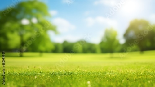 Green grass and blue sky with lens flare effect. Nature background.