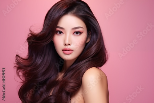 Portrait of beautiful asian brunette woman with long straight shiny hair on the pink background