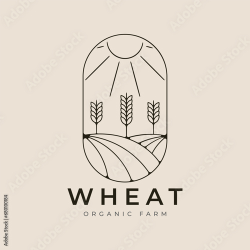 wheat farm line art logo vector illustration with emblem, sunburst minimalist design.